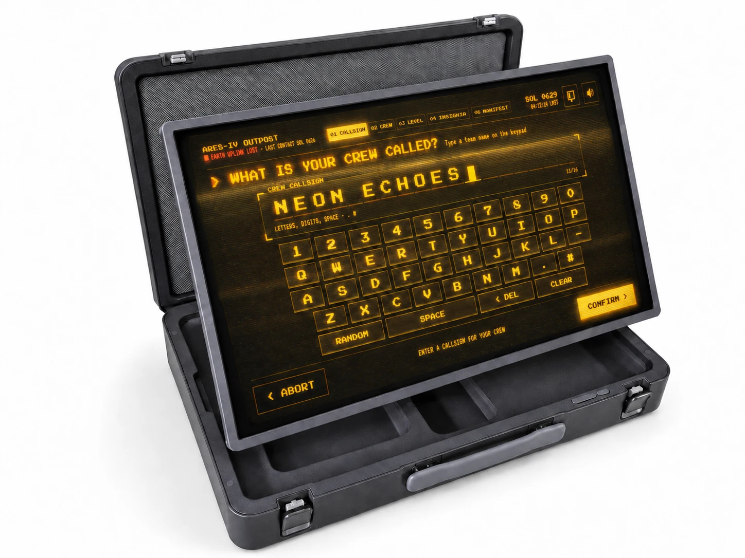 AX-Core with the screen raised, showing the RED DUST on-screen keyboard