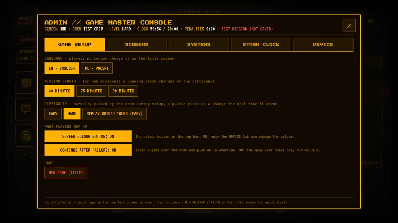 Game-master console — RED DUST screen