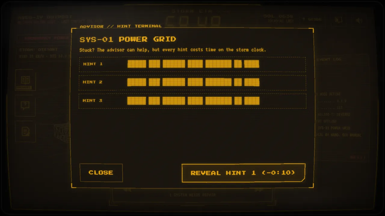 Hints built into the game — RED DUST screen