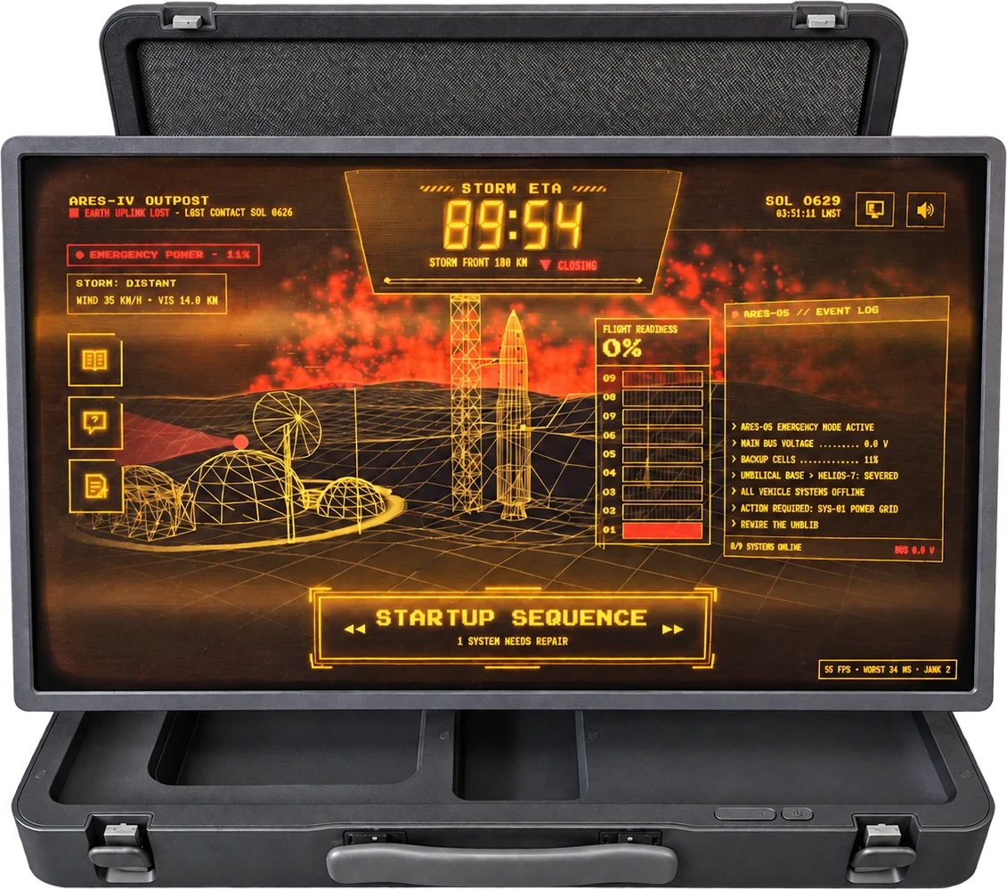 AX-Core open, its 27-inch touch screen standing in the case and running RED DUST