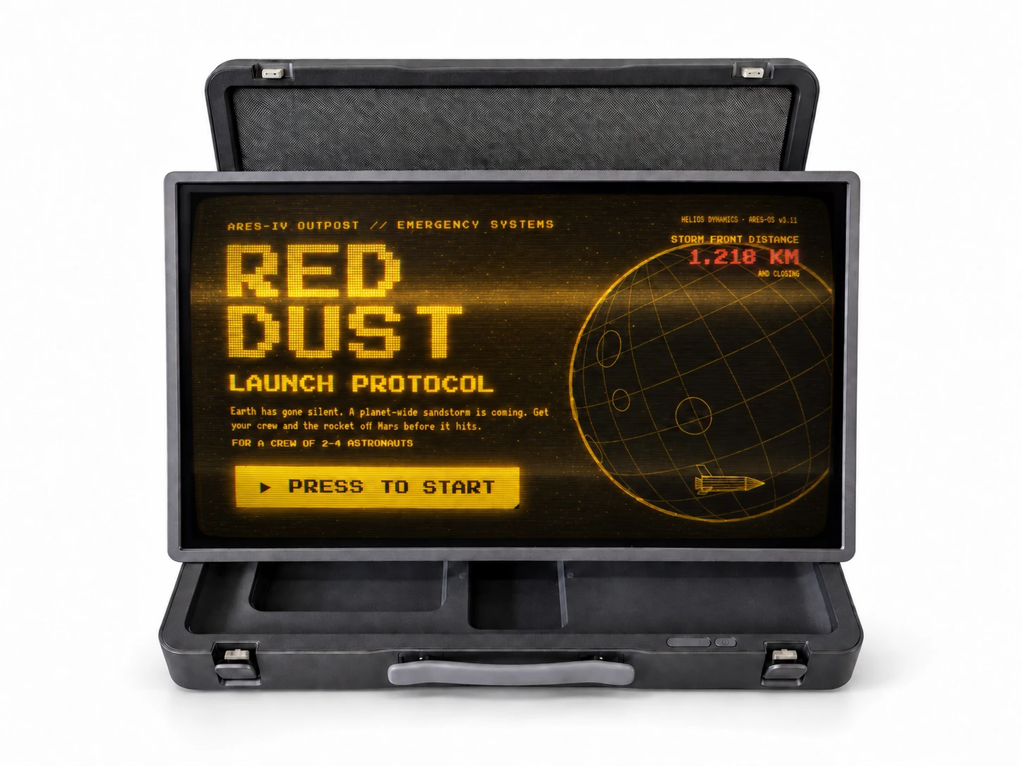 AX-Core open, RED DUST title screen on its 27-inch touch screen