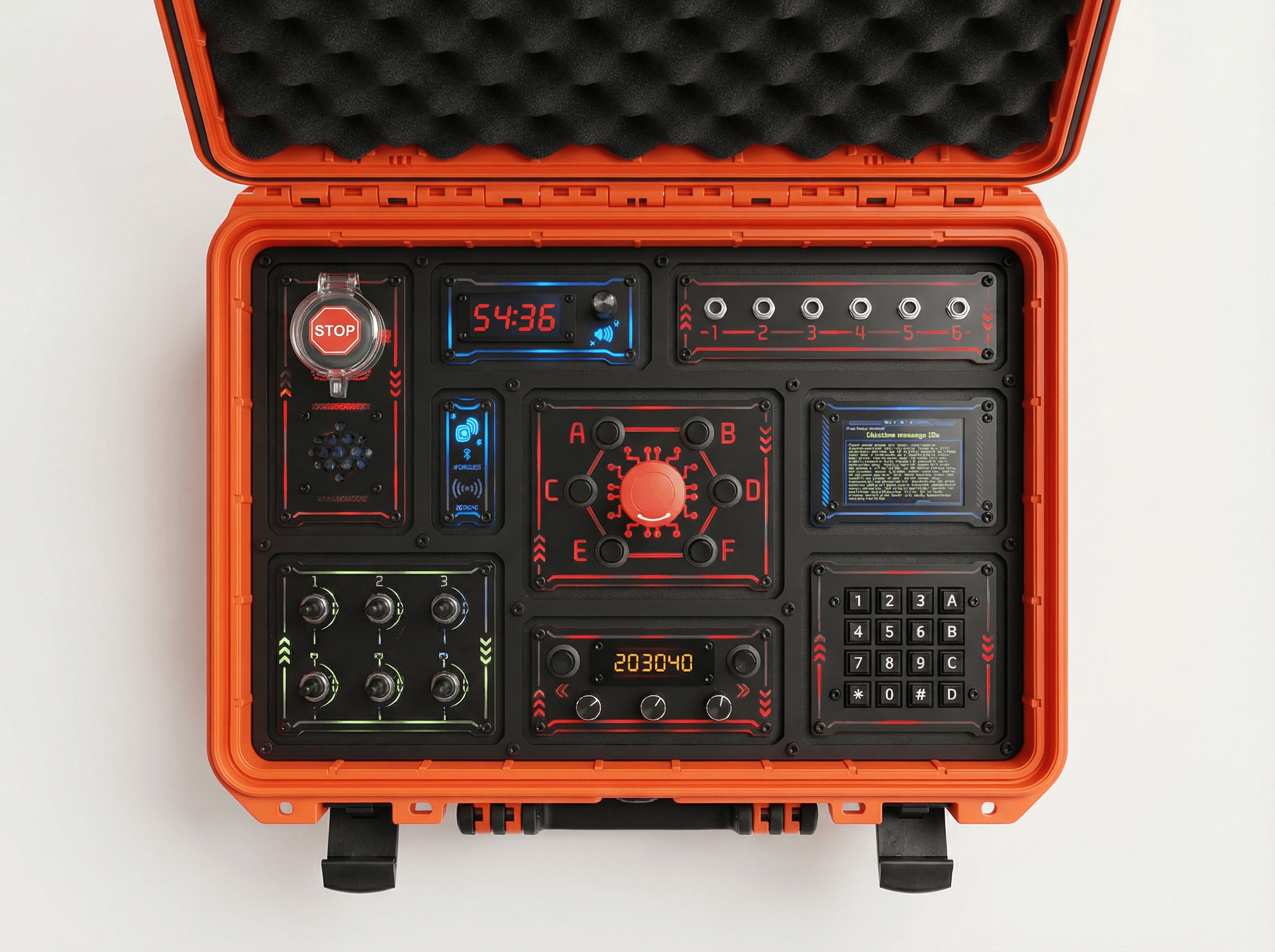 Casecore EX-Core gamification platform — open suitcase showing configurable electronic puzzle modules